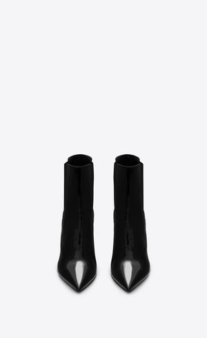 Yves Saint-Laurent Opyum Patent Bootie with Monogram Heel, Black/Silver