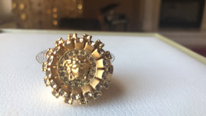 Versace Mens Gold Large Ring With Medusa Head and Embedded Crystals