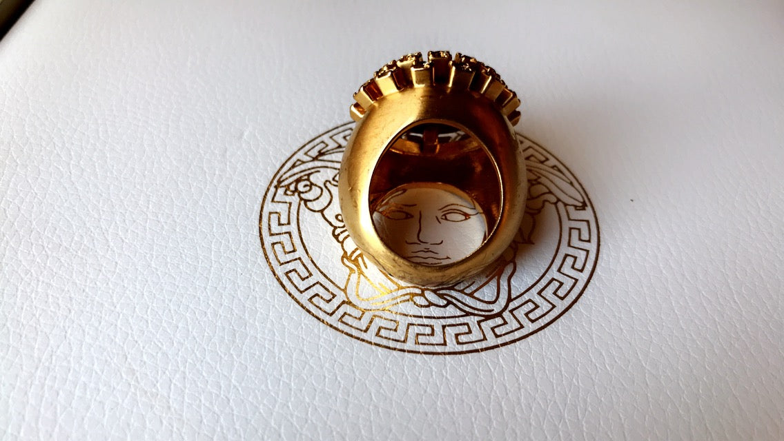 Versace Mens Gold Large Ring With Medusa Head and Embedded Crystals