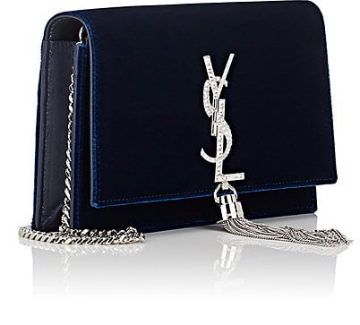 SAINT LAURENT Velvet Crystal Monogram Silver Tassel Chain Wallet Blue