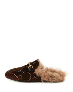 Gucci Princetown Fur-Lined GG Velvet Mule Loafer