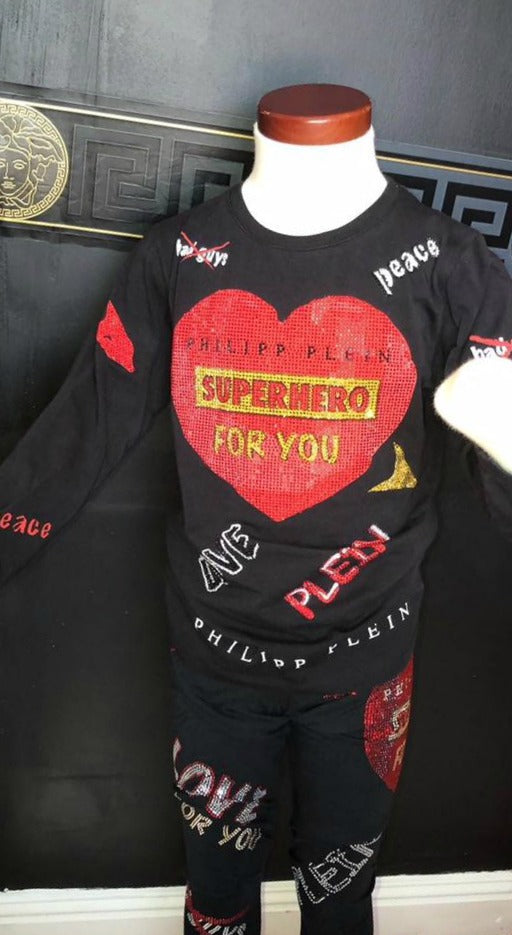Phillip Plein Junior Two Piece Sweatsuit Black With Red, Silver and Gold Studs