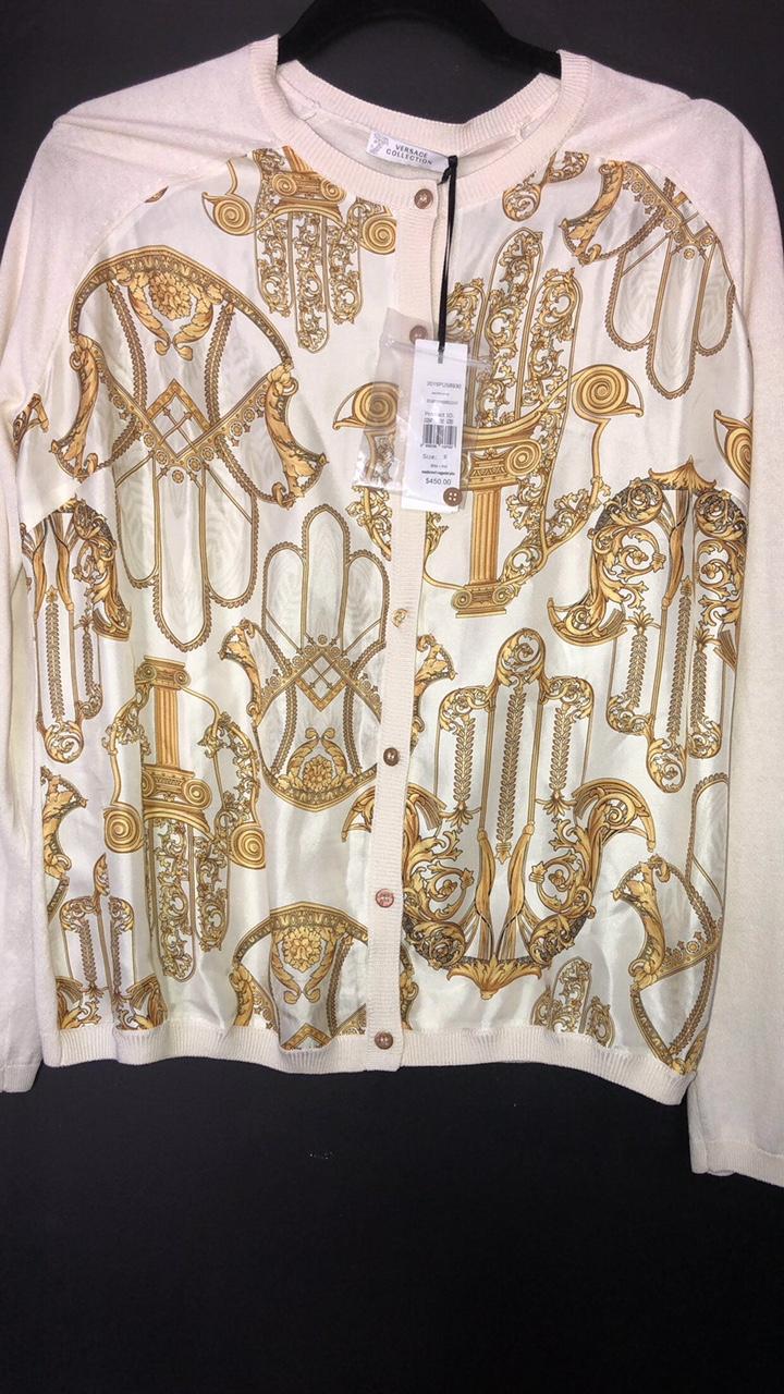 Versace Collection Vintage Print White And Gold Button Up Cardigan